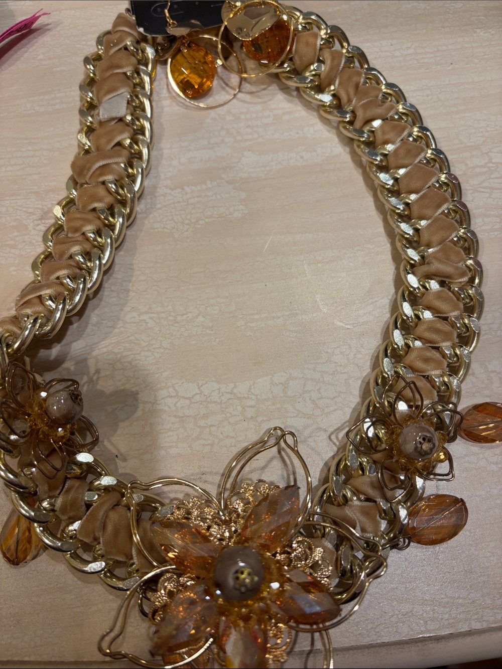 Gold-Tone & Beige Floral Statement Necklace with Amber Accents